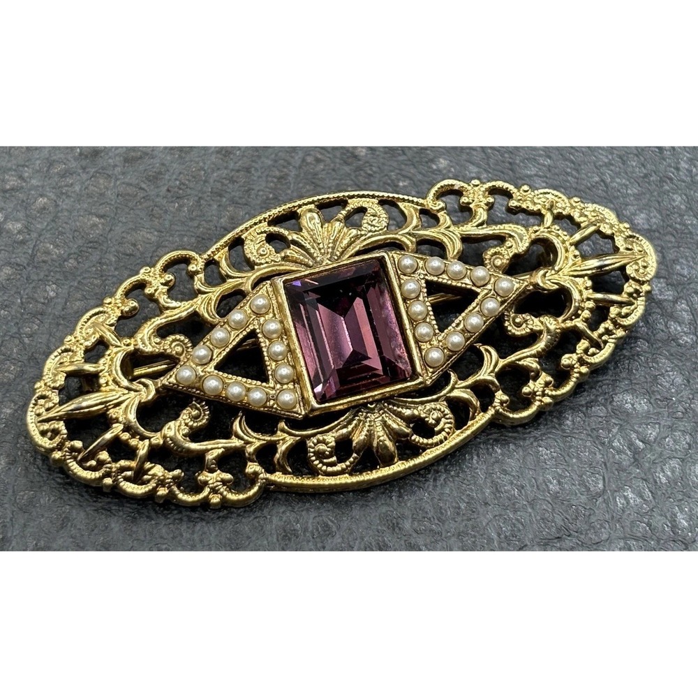 VTG 1928 Brand Victorian Revival Filigree Brooch Purple Glass Faux Pearl